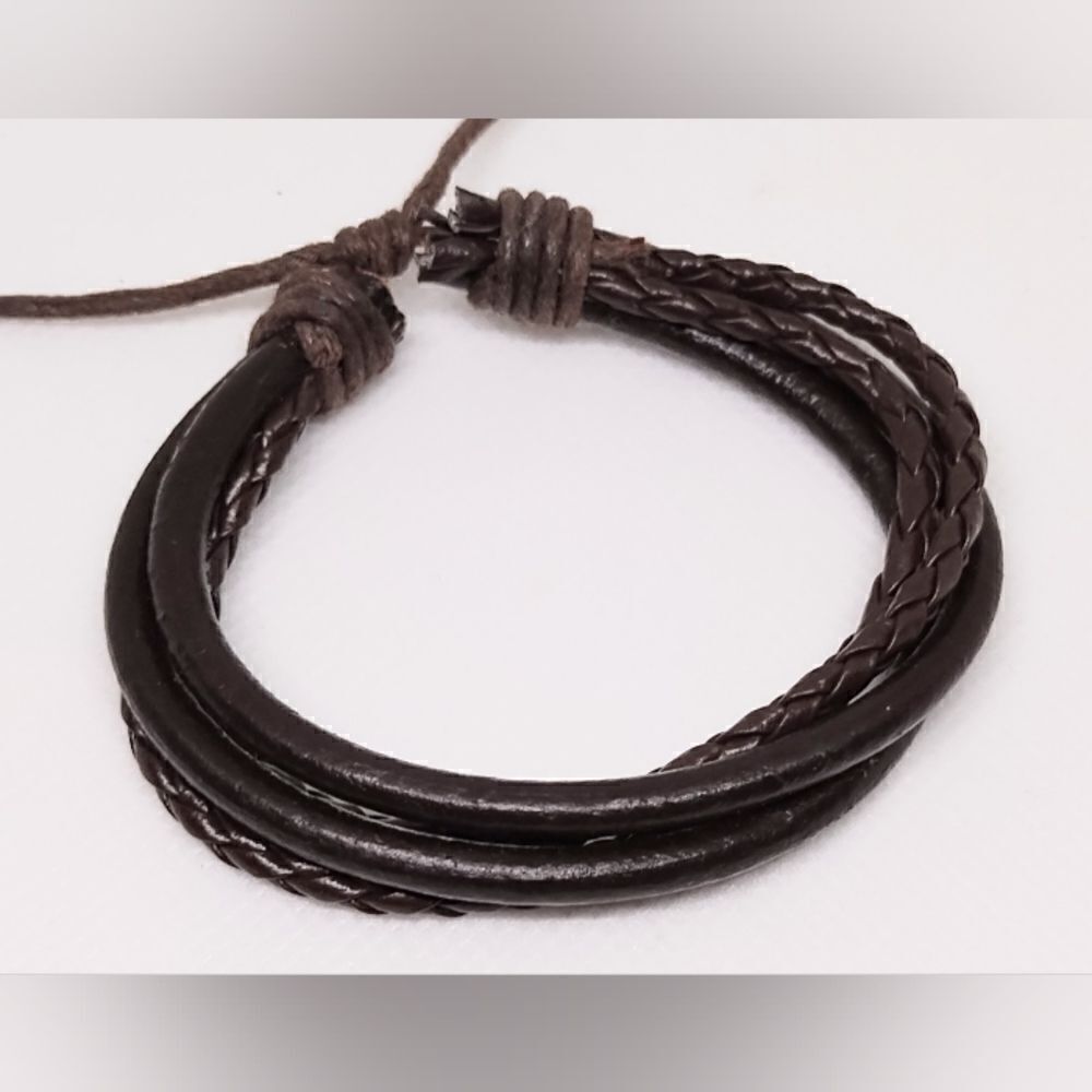 Men's bracelet leather braided layered‎ brown new d96